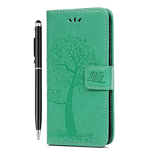 Hülle für Samsung Galaxy A04S Leder Case, Klapphülle Samsung Galaxy A04S Handyhülle Wallet Flip Brieftasche Etui Standfunktion Schutzhülle Eulenbaum im Bookstyle & 1 Touch Stift, Grün von Reevermap