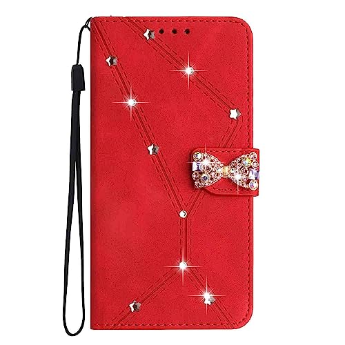 Reevermap Hülle für iPhone 15 Pro Handyhülle Glitzer Bling Diamant Lederhülle Flip Case mit Standfunktion Handytasche Cover iPhone 15 Pro Schutzhülle für Mädchen, Rot von Reevermap