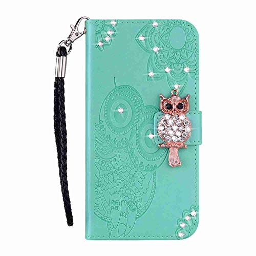 Reevermap Nokia G21 Hülle Nokia G11 Klapphülle Nokia G21/G11 Handyhülle Flip Case Kredit Karten Fach Geldklammer Leder Tasche Glitzer Bling Eule Schale Schutzhülle, Grün von Reevermap