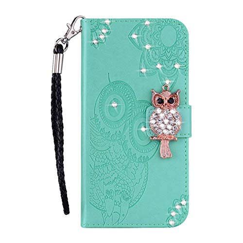 Reevermap Samsung Galaxy A15 Hülle Klapphülle, Samsung A15 Handyhülle Glitzer Flip Case Kredit Karten Fach Geldklammer Leder Tasche Crystal Bling Eule Schale Schutzhülle Grün von Reevermap