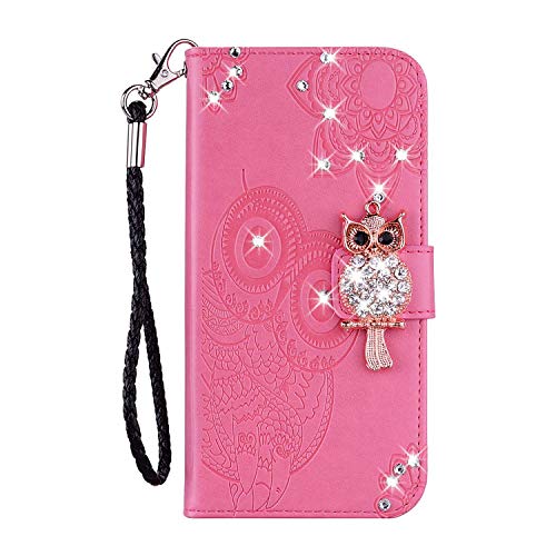 Reevermap Samsung Galaxy A15 Hülle Klapphülle, Samsung A15 Handyhülle Glitzer Flip Case Kredit Karten Fach Geldklammer Leder Tasche Crystal Bling Eule Schale Schutzhülle Pink von Reevermap