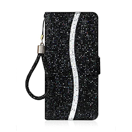 Reevermap iPhone 11 Handyhülle für iPhone 11 (6.1"), Flipcase Bling Glitzer Sparkle Case Leder Wallet Cover mit Magnet Unterstützung Ständer und Kartenfächer mit Strap iPhone 11, Schwarz von Reevermap
