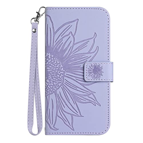 Reevermap iPhone 12 Hülle, Schutzhülle Case Wallet Kunstleder Handyhülle with Lanyard Flipcase mit Sunflower Geprägte Brieftasche Ständer Cover Case für iPhone 12, Light Purple von Reevermap