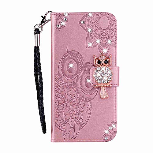 Reevermap iPhone 14 Hülle, iPhone 14 (6.1") Handyhülle Flip Case Kredit Karten Fach Geldklammer Leder Tasche Glitzer Bling Eule Schale Schutzhülle iPhone 14, Roségold von Reevermap