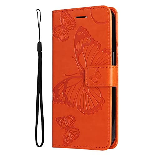 Reevermap iPhone 15 Hülle Leder Handyhülle Schmetterling Flip Case Tasche Kunstleder Schutzhülle Handytasche Magnetisch Klapphülle Ständer iPhone 15 Etui, Orange von Reevermap
