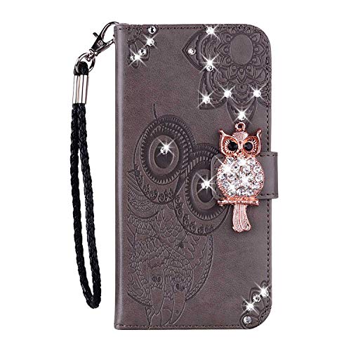 Reevermap iPhone 15 Hülle iPhone 15 Handyhülle Stoßfest Glitzer Flip Case Kredit Karten Fach Geldklammer Lederhülle PU Leder Tasche Bling Eule Schale Schutzhülle iPhone 15, Grau von Reevermap