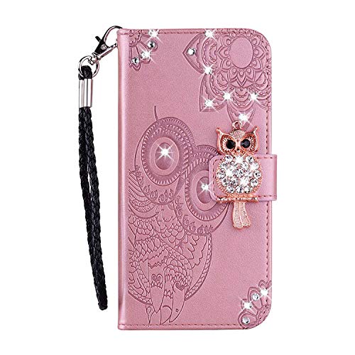 Reevermap iPhone 15 Hülle iPhone 15 Handyhülle Stoßfest Glitzer Flip Case Kredit Karten Fach Geldklammer Lederhülle PU Leder Tasche Bling Eule Schale Schutzhülle iPhone 15, Roségold von Reevermap