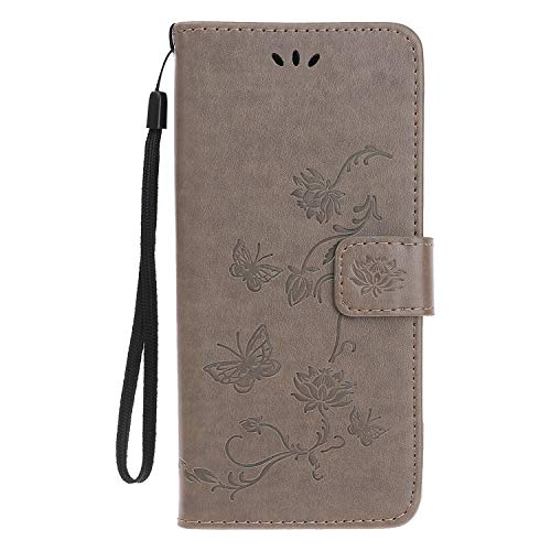 Reevermap iPhone 15 Pro Hülle, Leder Handyhülle mit Kartenfächern Brieftasche Etui Blume Schmetterling Muster Standfunktion Schutzhülle für iPhone 15 Pro Case, Grau von Reevermap