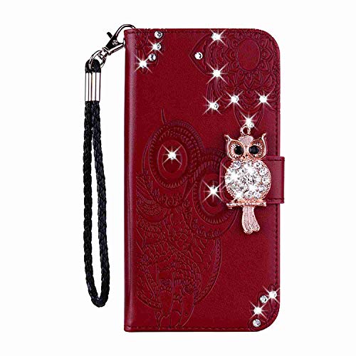 Reevermap iPhone XS/iPhone X Hülle, iPhone XS/X (5.8") Handyhülle Flip Case Kredit Karten Fach Geldklammer Leder Tasche Glitzer Bling Eule Schale Schutzhülle iPhone XS/iPhone X, Weinrot von Reevermap