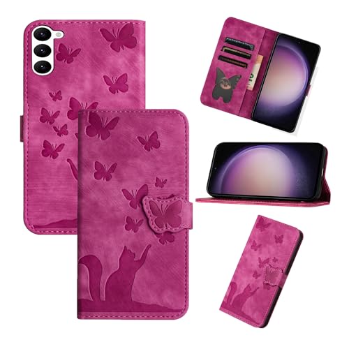 Refilerss Flip Case für Samsung Galaxy S23 6.1 Zoll PU Leder Wallet Case mit Kartenfach Magnetverschluss Standfunktion Cover Katze Schmetterling Muster - Rose Rot von Refilerss