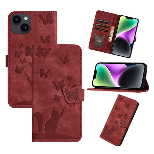 Refilerss Flip Hülle für iPhone 13 iPhone 14 6,1 Zoll PU Leder Wallet Case mit Kartenfach Magnetverschluss Standfunktion Cover Katze Schmetterling Muster - Rot Refilerss Flip Hülle für iPhone 13 iPhone 14 6,1 Zoll PU Leder Wallet Case mit Kartenfach Magnetverschluss Standfunktion Cover Katze Schmetterling Muster - Rot von Refilerss