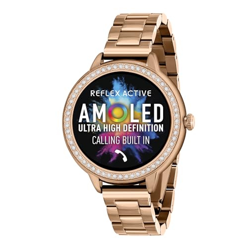 Reflex Active Amoled Smartwatch für Damen mit Sportmodi, Herzfrequenz, Anruf tätigen/entgegennehmen, Musik-Player, GPS, Schrittzähler, Zyklus-Tracking und Steinset Roségold-Armband für Android IOS von Reflex Active