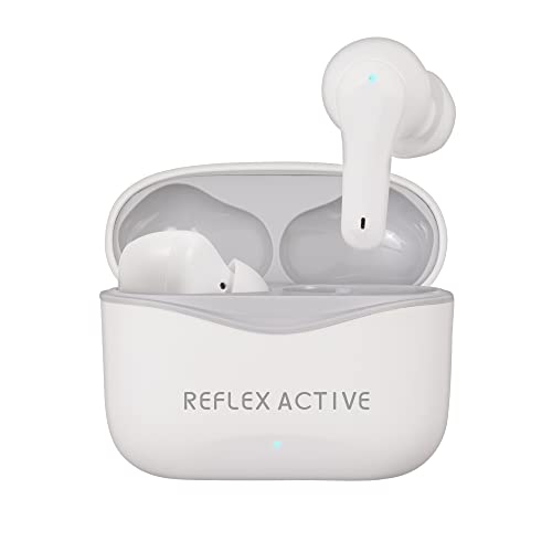 Reflex Active Pro TWS Inear-Kopfhörer mit BT5.2 mit aktiver Geräuschunterdrückung und sicherer Raumtransparenz. Weiße Gummilackierung mit Markenlogo auf der Hülle von Reflex Active