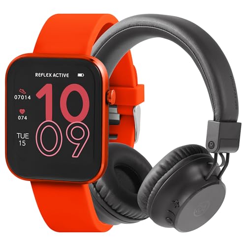Reflex Active Series 12 Smart Watch mit rotem Armband und kabellosen, faltbaren On-Ear-Kopfhörern mit eingebautem Mikrofon, Geschenkset von Reflex Active