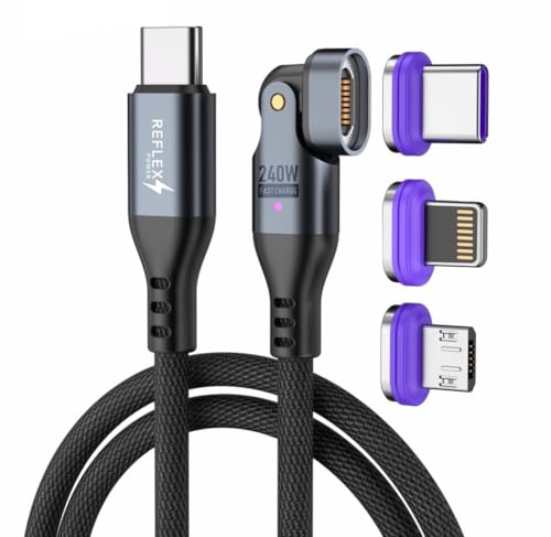 REFLEX POWER 240W 1M 3-in-1 Magnetisches USB-C-Kabel, flaches Nylongeflecht, schnelles Laden/Datenübertragungskabel, universelles Laden mit USB-C, Lightning & Micro-USB, für Smartphones, Laptops und REFLEX POWER 240W 1M 3-in-1 Magnetisches USB-C-Kabel, flaches Nylongeflecht, schnelles Laden/Datenübertragungskabel, universelles Laden mit USB-C, Lightning & Micro-USB, für Smartphones, Laptops und von Reflex Camera