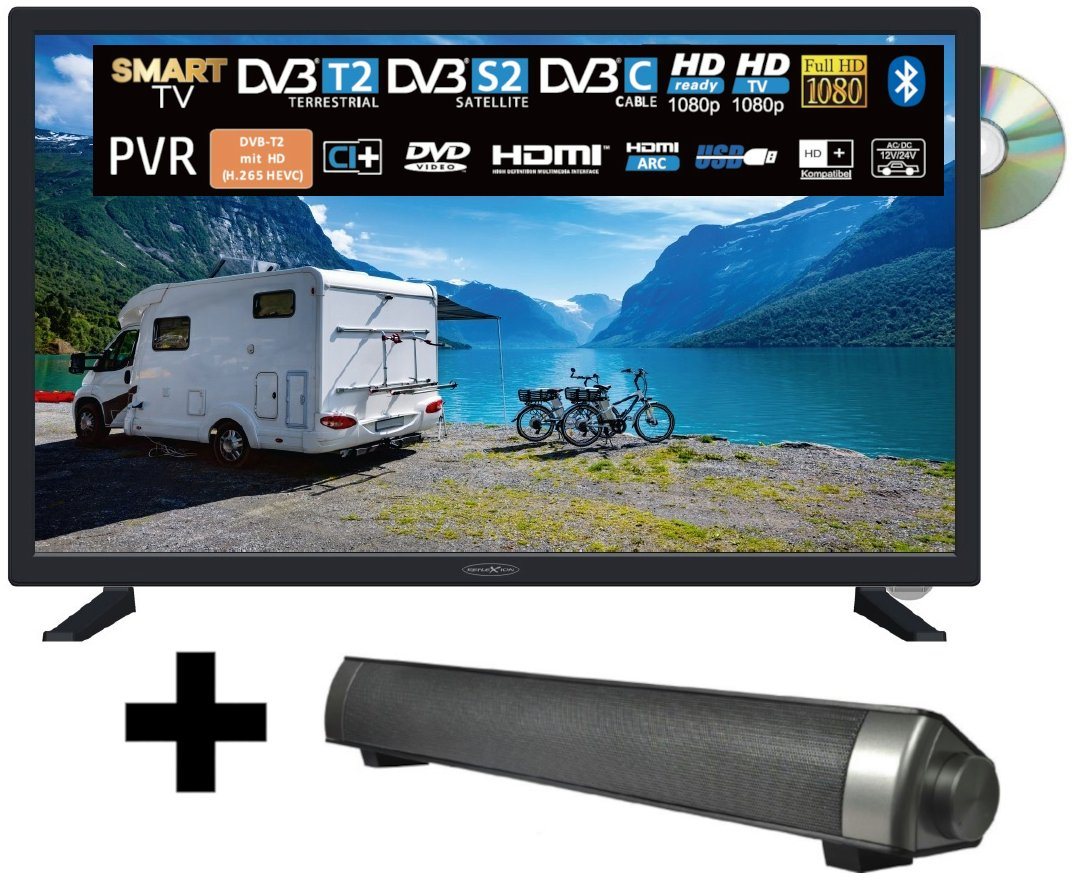 Reflexion LDDW27i+ LED-Fernseher (69,00 cm/27 Zoll, Full HD, Smart-TV, DC IN 12 Volt / 24 Volt, Netzteil 230 Volt, Fernseher für Wohnwagen, Wohnmobil, Camping, Caravan, mit integriertem DVD-Player, inkl. Soundbar) von Reflexion