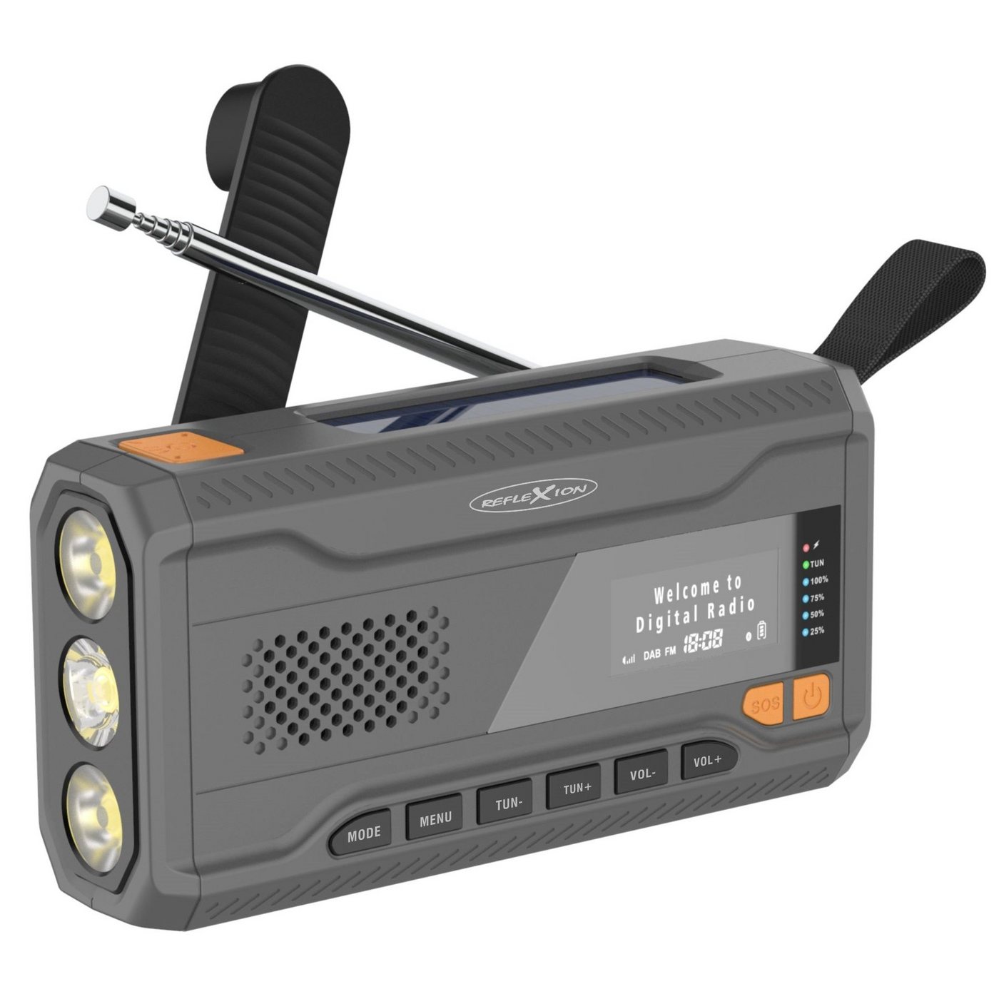 Reflexion TRA562DAB Kurbelradio mit Handyladefunktion Tragbares Notfallradio Digitalradio (DAB) (Digitalradio (DAB), FM-Radio, Bluetooth, Akku 2.000 mAh, SOS-Taschenlampe und Alarmfunktion, spritzwassergeschützte Anschlüsse, Powerbank) von Reflexion