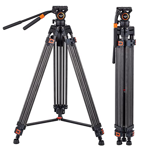 Videostativ mit Fluidkopf, Refoni CF60L Kohlefaser Dreibeinstativ, 180 cm Kamerastativ mit 60mm Flacher Basis Fluid-Panoramakopf für Vlogging, DSLR Kamera Video Recorder DV Camcorder bis 6 kg von Refoni