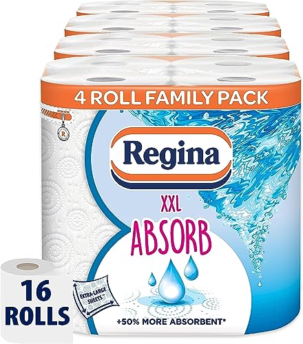 Regina XXL absorbierende Küchentücher – 16 Rollen pro Packung, super saugfähige 2-lagige Blätter, 75 extra große Blätter pro Rolle, 50% saugfähiger als vorherige XXL-Produkte, leicht zu öffnende von Regina