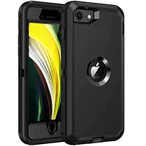 RegSun Schutzhülle für iPhone SE 2022/2020, eingebauter Displayschutz, stoßfest, 3-lagiger Rundumschutz, robuste, robuste Schutzhülle für iPhone SE (2. / 3. Generation), 11,9 cm (4,7 Zoll), Schwarz von Regsun
