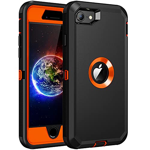 RegSun Schutzhülle für iPhone SE 2020, integrierter Displayschutz, stoßfest, 3-lagiger Rundumschutz, robuste, stoßfeste Hartschale für iPhone SE 2. Generation 4,7 Zoll, Schwarz/Orange von Regsun