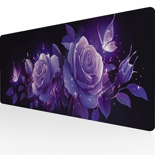 Mauspad Gaming Mousepad Wasserdicht rutschfeste Gummiunterseite Gummi 700x300x3mm Große Mousepad Langlebige Großer mit genähten Kanten Erweiterter Schreibtisch Schutz Für Home Office lila Blume C4910 von Reisvx