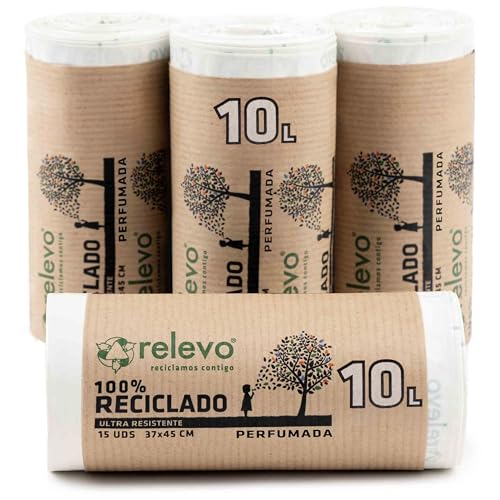 Relevo 60 Stück Müllbeutel 10 L - Parfümiert 100% Recycelt Müllsäcke mit Zugband von Relevo