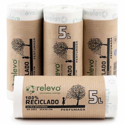 Relevo 80 Stück Müllbeutel 5 L - Parfümiert 100% Recycelt Müllsäcke mit Zugband von Relevo