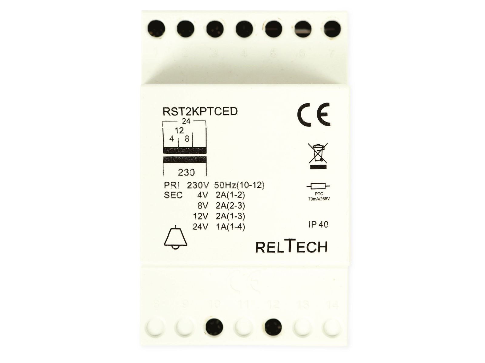 RELTECH Sicherheitstransformator RST2PTCED, 4-8-12-24V/2-2-2-1A von Reltech