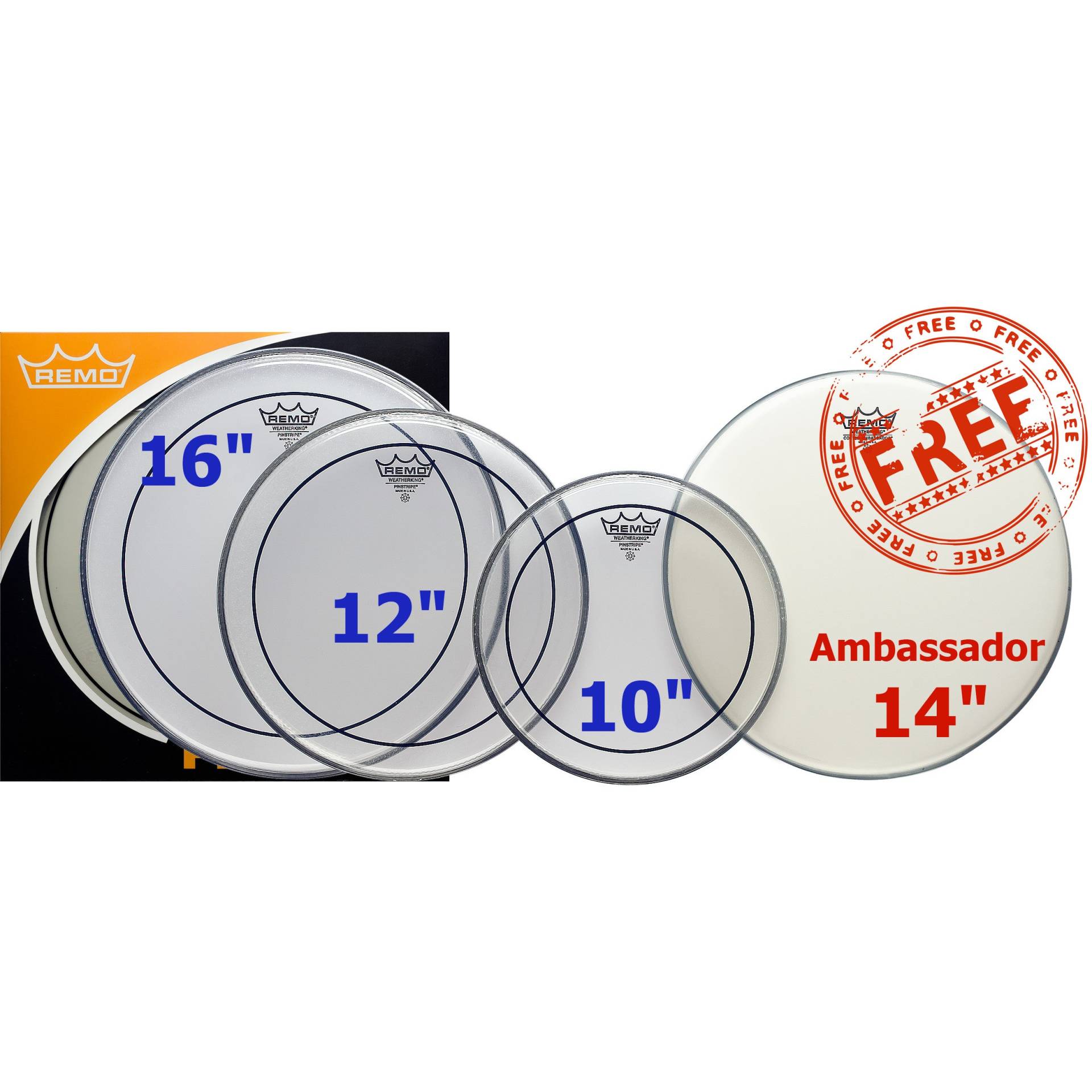 Remo PP-1870-PS ProPack Pinstripe Clear 10 + 12 + 16-inch + Free 14-inch Ambassador Coated Remo PP-1870-PS ProPack Pinstripe Clear 10 + 12 + 16-inch + Free 14-inch Ambassador Coated von Remo