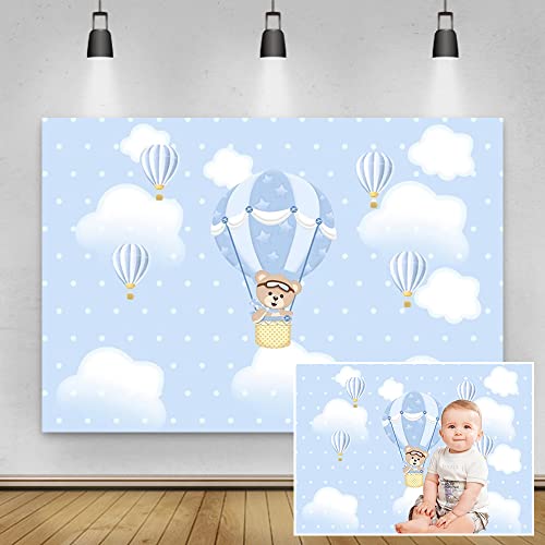 Renaiss 1.8x1.2m Blauer Cartoon Bär Baby Dusche Kulisse Heißluftballon Himmel Wolken Fotografie Hintergrund Kinder Junge Geburtstag Party Dekoration Kuchen Tisch Banner Vinyl Fotostudio Requisiten von Renaiss