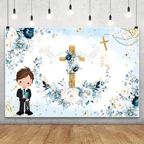 Renaiss 2.5x1.8m Erste Heilige Kommunion Kulisse Jungen Taufe Fotografie Hintergrund Neugeborene Gott segnen Party Dekorationen Kuchen Tisch Banner Vinyl Fotostudio Requisiten von Renaiss