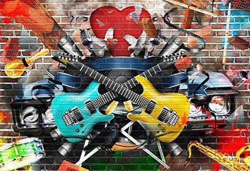 Renaiss 2.5x1.8m Graffiti Gitarre Hintergrund Graffiti Brick Wall Fotografie Hintergrund 80S 90S Rock Style Musik Party Banner Dekoration Junge Erwachsene Portrait Schießen Vinyl Fotostudio Requisiten von Renaiss