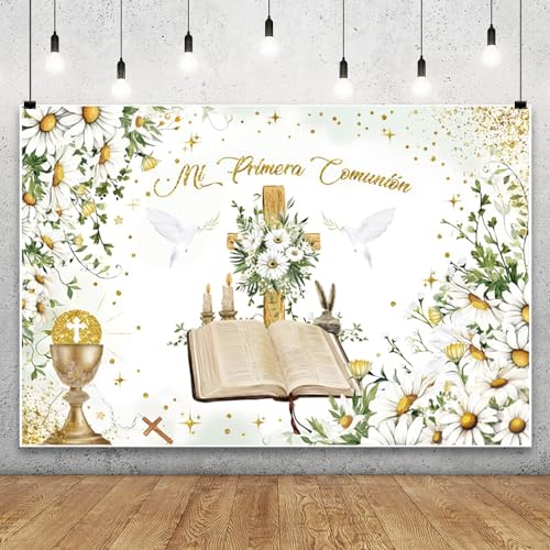 Renaiss 2.5x1.8m Meine erste heilige Kommunion Hintergrund Blumen Frieden Taube Gott segnen Fotografie Hintergrund Junge Mädchen Taufe Party Dekorationen Kuchen Tisch Banner Vinyl Foto Requisiten von Renaiss