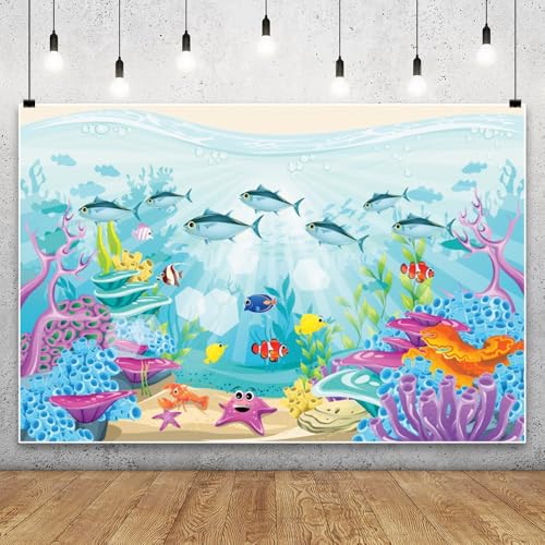 Renaiss 2.7x1.8m Cartoon Meeresboden Hintergrundkulisse Aquarium Fische Korallen Meerespflanzen Fotografie Hintergrund Kinder Baby Ozean Thema Geburtstag Party Dekoration Vinyl Foto Studio Requisiten von Renaiss