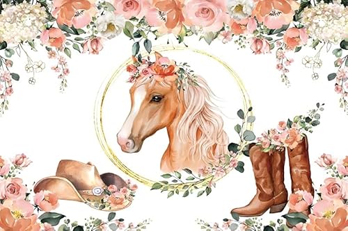 Renaiss 2.7x1.8m Pferd Geburtstag Hintergrund Western Cowboy Cowgirl Blume Rustikal Fotografie Hintergrund Baby Dusche Mädchen Geburtstag Party Dekoration Vinyl Fotostudio Requisiten von Renaiss