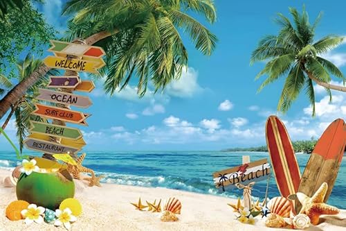 Renaiss 2.7x1.8m Tropischer Strand Küstenhintergrund Hawaii Palmenblätter Blauer Himmel Weiße Wolken Fotohintergrund für Baby Shower Geburtstag Party Banner Fotografie Studio Requisiten Vinyl von Renaiss