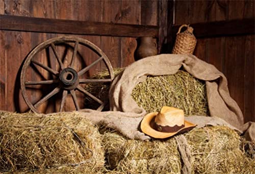 Renaiss 2.7x1.8m Vinyl Fotografie Hintergrund Western Cowboy Hut Heu Stroh Rad Hintergrund Old Barn Kid Erwachsene Portrait Shooting Dekoration Hintergrund Video Fotostudio Requisiten von Renaiss