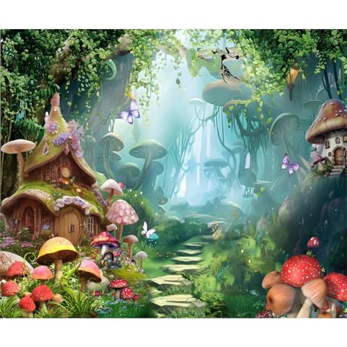 Renaiss 3.5x2.5m Enchanted Forest Kulisse Traumwald Pilzhaus Fotografie Hintergrund Geburtstag Party Dekoration Kinder Baby Portrait Vinyl Fotostudio Requisiten von Renaiss