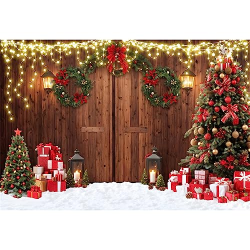 Renaiss 3.5x2.5m Weihnachten Fotohintergrund Holztür Weihnachtsbaum Geschenke Fotografie Hintergrund Weihnachten Party Deko Kinder Familie Portrait Foto Requisiten Vinyl von Renaiss