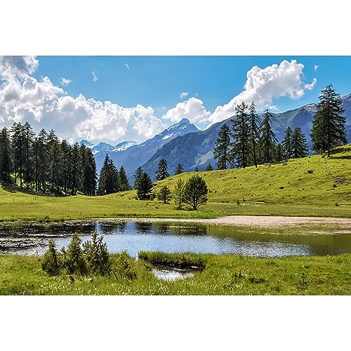 Renaiss 3x2m Bergsee Hintergrund Blauer Himmel Wolken Kiefer Bäume Wald Natürliche Landschaft Fotografie Hintergrund Outdoor Wandern Camping Kinder Erwachsene Portraits Video Foto Requisiten Vinyl von Renaiss
