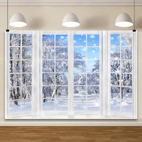 Renaiss 3x2m Fenster Schnee Szene Fotografie Hintergrund Winter Wald Schnee Kulisse Winter Weihnachten Heimdekoration Party Banner Vinyl Foto Studio Requisiten von Renaiss