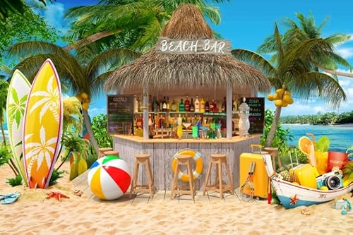 Renaiss 3x2m Strand Bar Hintergrund Kokospalmen Palmen Surfbrett Meer Landschaft Fotografie Hintergrund Sommer Urlaub Party Dekoration Banner Für die Aufnahme von Studio-Requisiten Vinyl von Renaiss