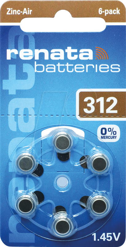 RENATA AIR 312 - Hörgerätebatterie, Zink-Luft, 7,9 x 3,6 mm, Aid 312, 6er-Pack von Renata