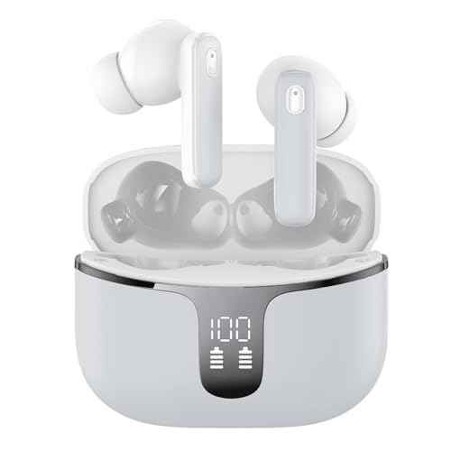 Renimer Bluetooth Kopfhörer, In Ear Kopfhörer Kabellos Bluetooth 5.3 Kabellose Kopfhörer mit 4 Mikrofon, Wireless Earbuds 40 Std HiFi Stereo, LED-Anzeige, USB-C, IP7 Wasserdicht Ohrhörer, Hellgrau von Renimer