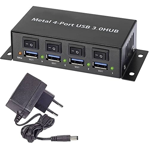 Renkforce RF-3955362 4 Port USB 3.2 Gen 1-Hub (USB 3.0) Metallgehäuse, einzeln schaltbar, zur Wandmontage Schwarz von Renkforce
