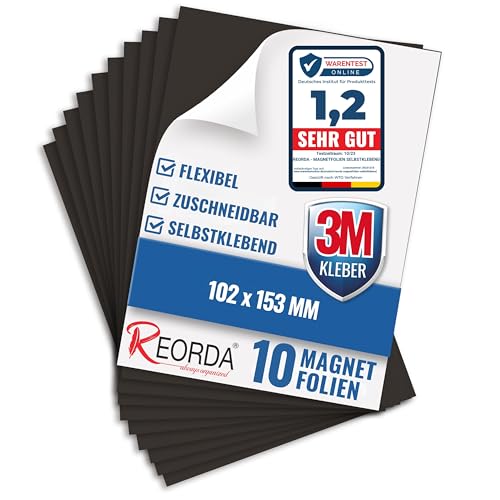 Reorda® Magnetfolie selbstklebend 10er Set - Magnetpapier mit starkem 3M-Kleber - Magnetplatte zuschneidbar für Kühlschrank, Tafeln & Poster - Magnetische Folie selbstklebend für's Basteln von Reorda