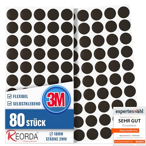 Reorda® Magnetplättchen selbstklebend (80 Kreise) | Starker 3M-Kleber ermöglicht ausgezeichnete Klebekraft | Vielseitige Flache Magnete zum basteln & schneiden | Ideal nutzbar für Schule & Büro von Reorda