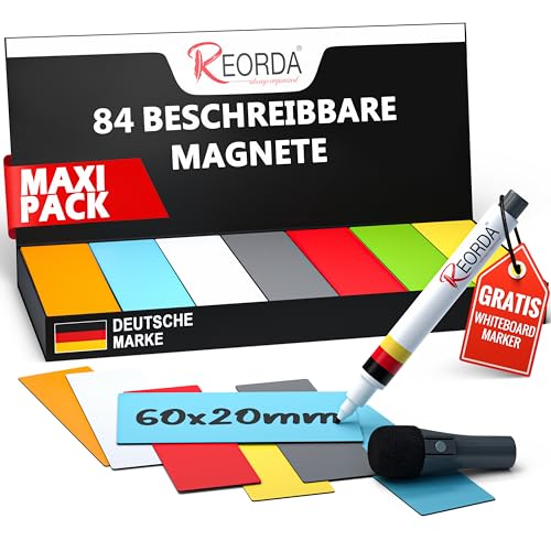 Reorda® Magnetstreifen beschreibbar - 84 Stück - 60x20mm (+ Stift) | Wiederbeschreibbar, beschreibbare Magnete für Whiteboard, Kanban, Magnettafel - beschriftbare Magnete für den Kühlschrank von Reorda