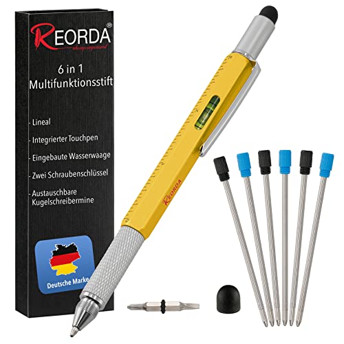 Reorda® Multifunktionsstift in Gelb | Außergewöhnliches Geschenk für Männer | Praktischer 6-in-1 Multi Kugelschreiber als zuverlässiges Werkzeug Gadget für Ingenieure, Handwerker von Reorda